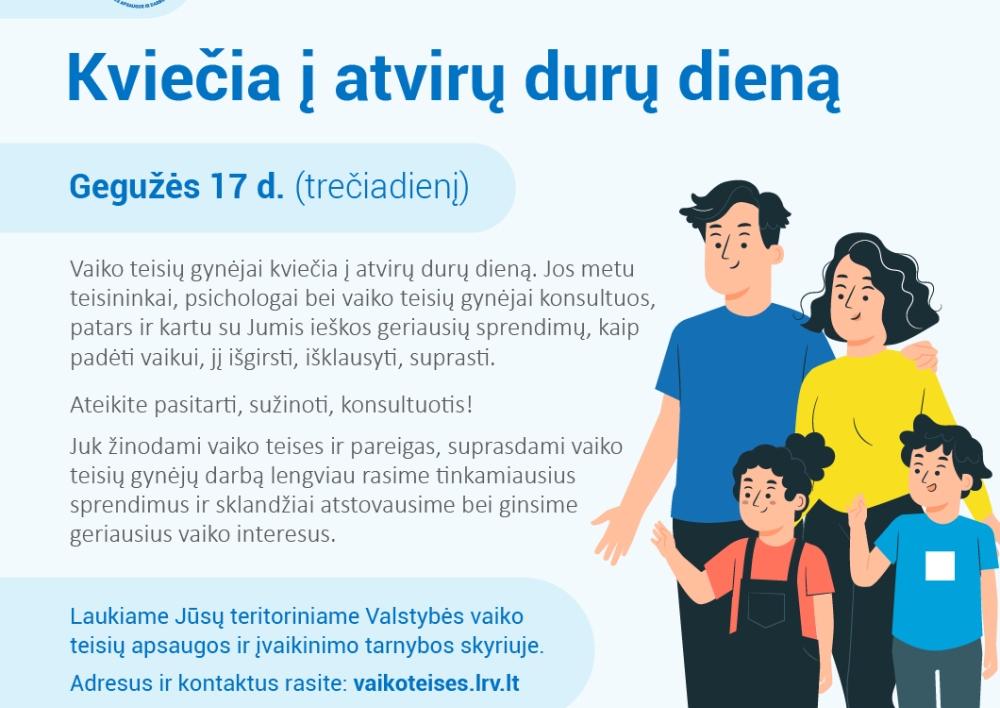 Gegužės 17-ąją vaiko teisių gynėjai kviečia į atvirų durų dieną