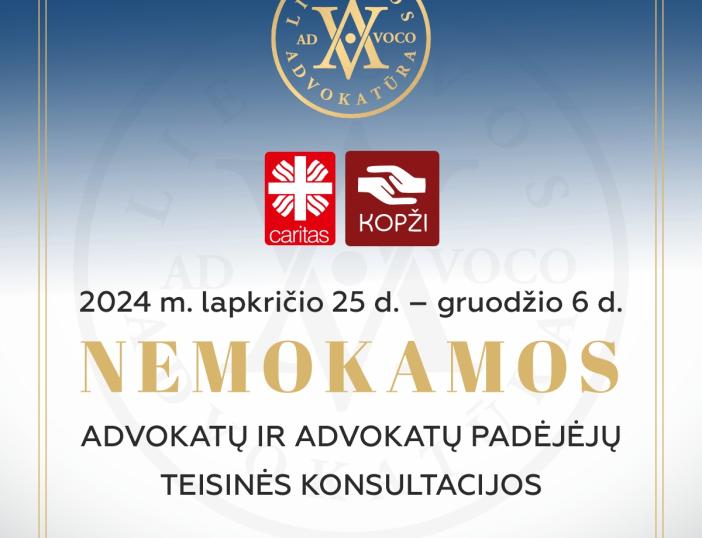 Dvi savaites Lietuvos advokatai dovanos nemokamas konsultacijas besikreipiantiems į Caritas ir KOPŽI