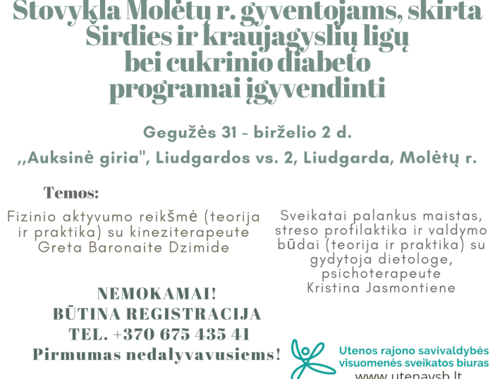 Kviečiame dalyvauti suaugusiųjų stovykloje, kuri skirta širdies ir kraujagyslių ligų bei cukrinio diabeto programai įgyvendinti