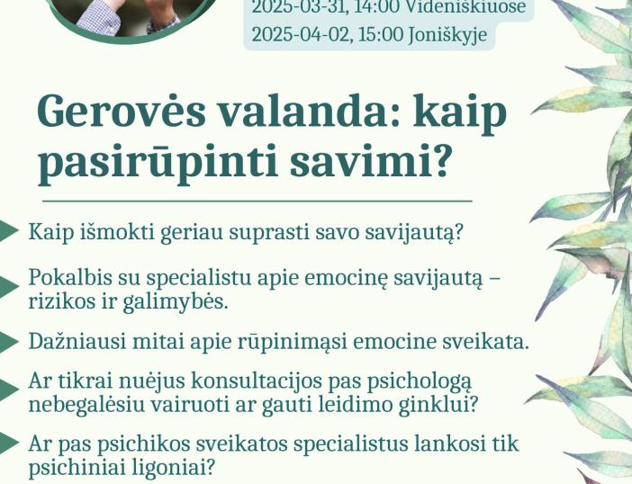 Rengiami susitikimai tema „Gerovės valanda: kaip pasirūpinti savimi?“