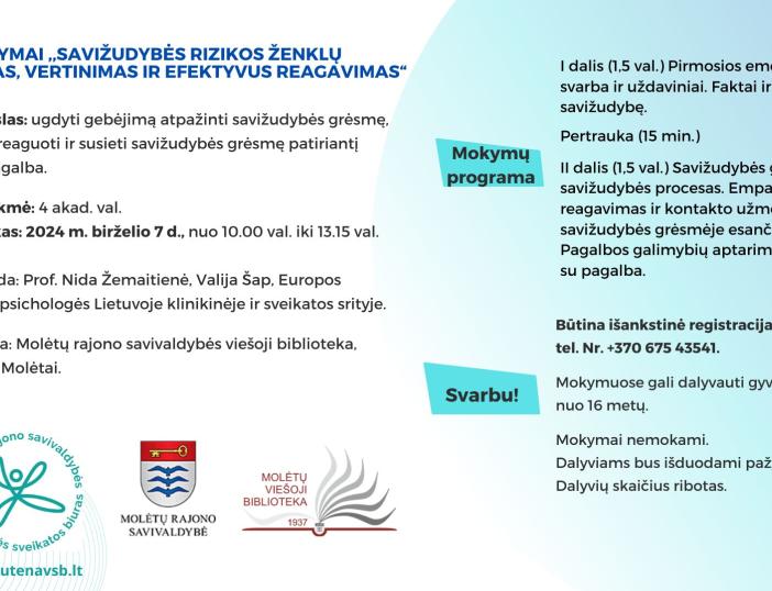 Birželio 7 d. vyks mokymai "Savižudybės rizikos ženklų atpažinimas, vertinimas ir efektyvus reagavimas"