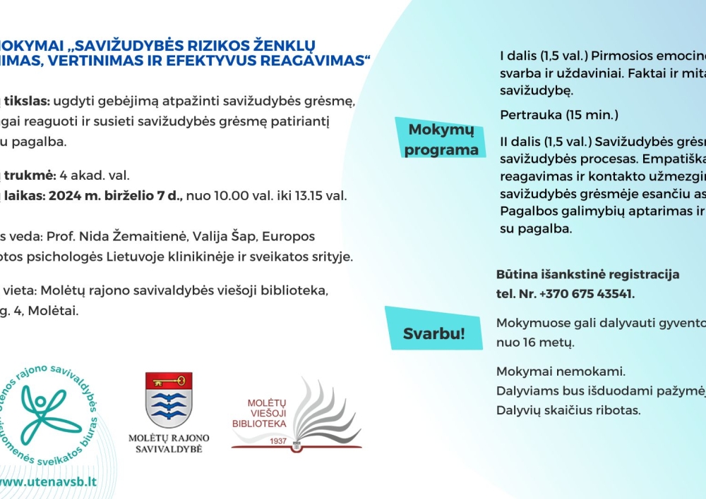 Birželio 7 d. vyks mokymai "Savižudybės rizikos ženklų atpažinimas, vertinimas ir efektyvus reagavimas"