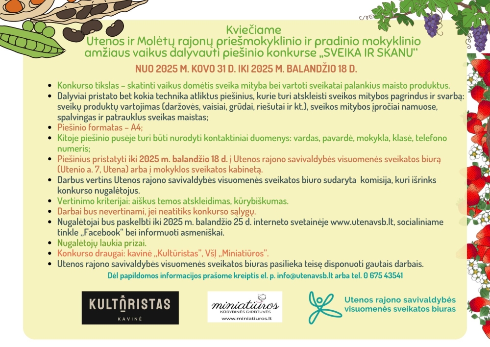 Utenos ir Molėtų rajonų priešmokyklinio ir pradinio mokyklinio amžiaus vaikai kviečiami dalyvauti priešinių konkurse „Sveika ir skanu“