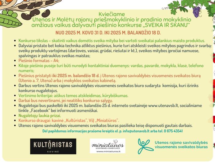 Utenos ir Molėtų rajonų priešmokyklinio ir pradinio mokyklinio amžiaus vaikai kviečiami dalyvauti priešinių konkurse „Sveika ir skanu“