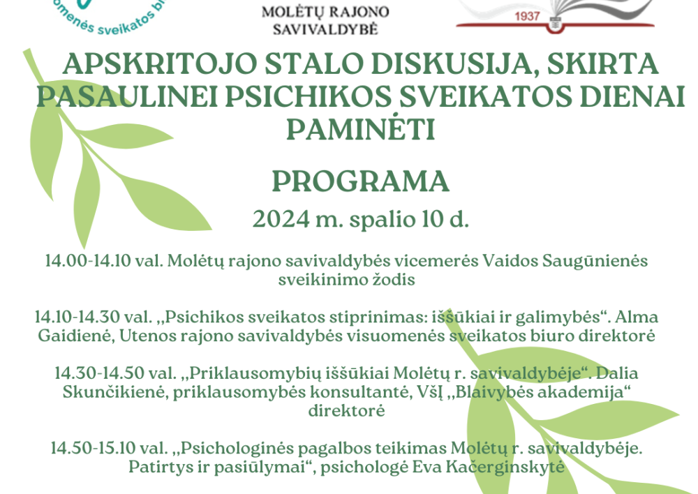 Kviečiame dalyvauti apskritojo stalo diskusijoje, skirtoje Pasaulinei psichikos sveikatos dienai paminėti