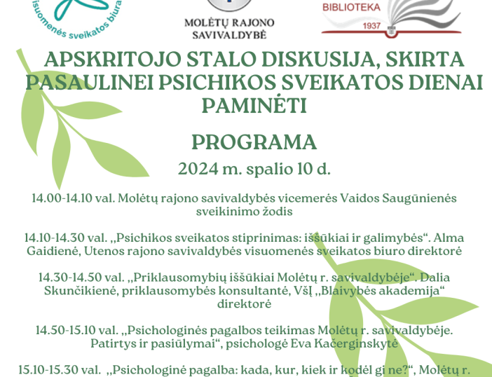 Kviečiame dalyvauti apskritojo stalo diskusijoje, skirtoje Pasaulinei psichikos sveikatos dienai paminėti