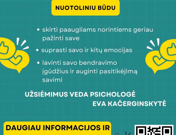 Paaugliai kviečiami į nuotolinius savęs pažinimo grupinius užsiėmimus