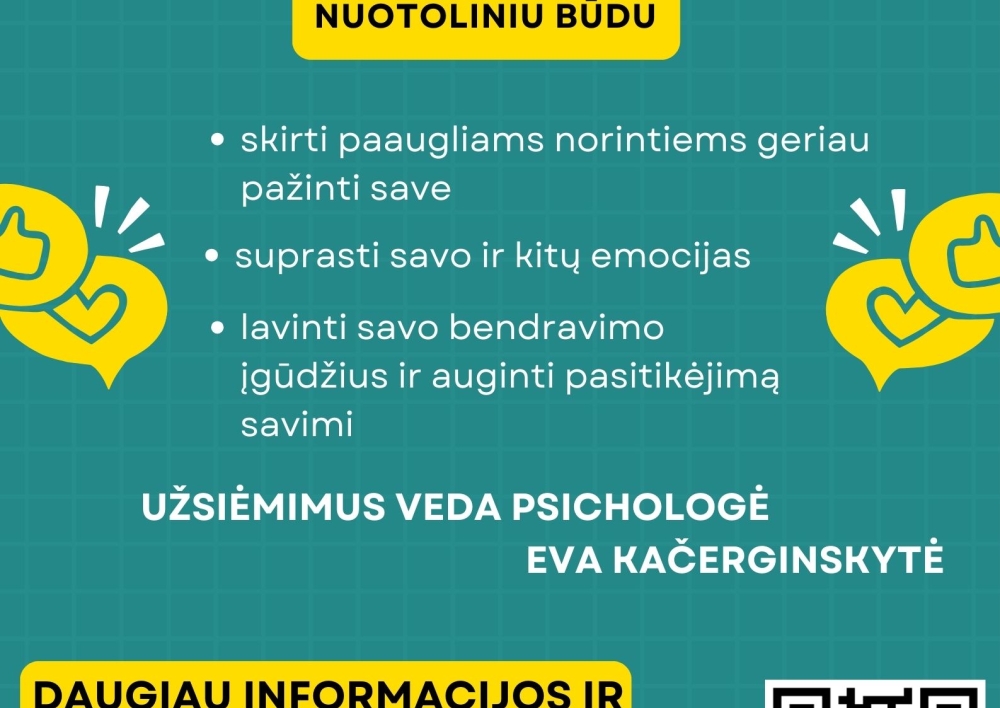 Paaugliai kviečiami į nuotolinius savęs pažinimo grupinius užsiėmimus