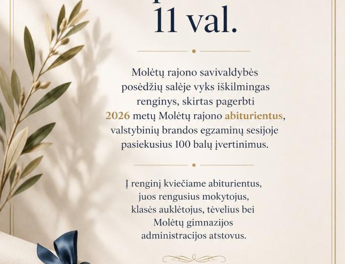 Liepos 23 d. bus pagerbti 2026 metų Molėtų rajono šimtukininkai