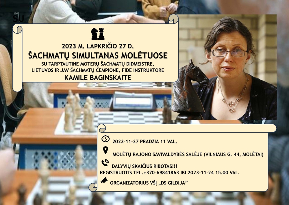 Kviečiame registruotis į lapkričio 27 d. vyksiantį šachmatų simultaną su Kamile Baginskaite