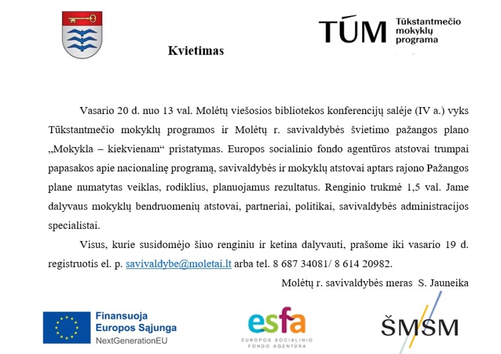 Vasario 20 d. vyks TŪM programos ir Molėtų r. savivaldybės švietimo pažangos plano pristatymas