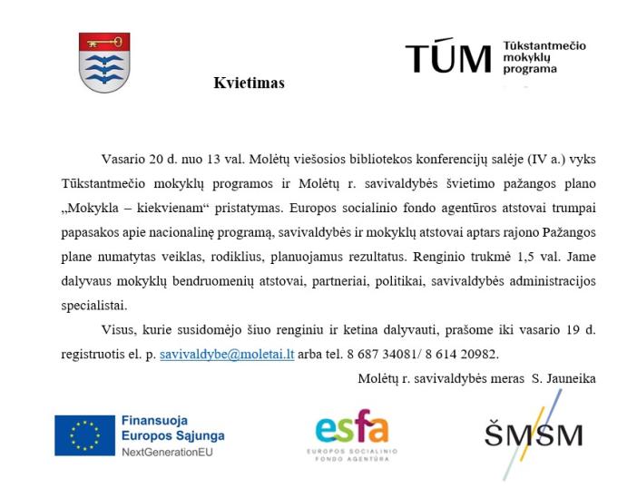Vasario 20 d. vyks TŪM programos ir Molėtų r. savivaldybės švietimo pažangos plano pristatymas
